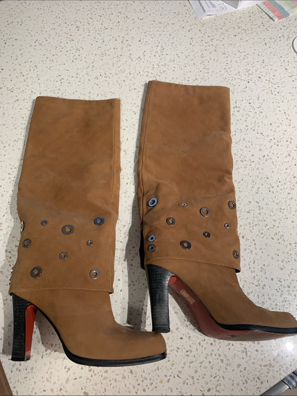 Women’s Tan Suede High Heel Knee Boots with Eyelet Embellishments
